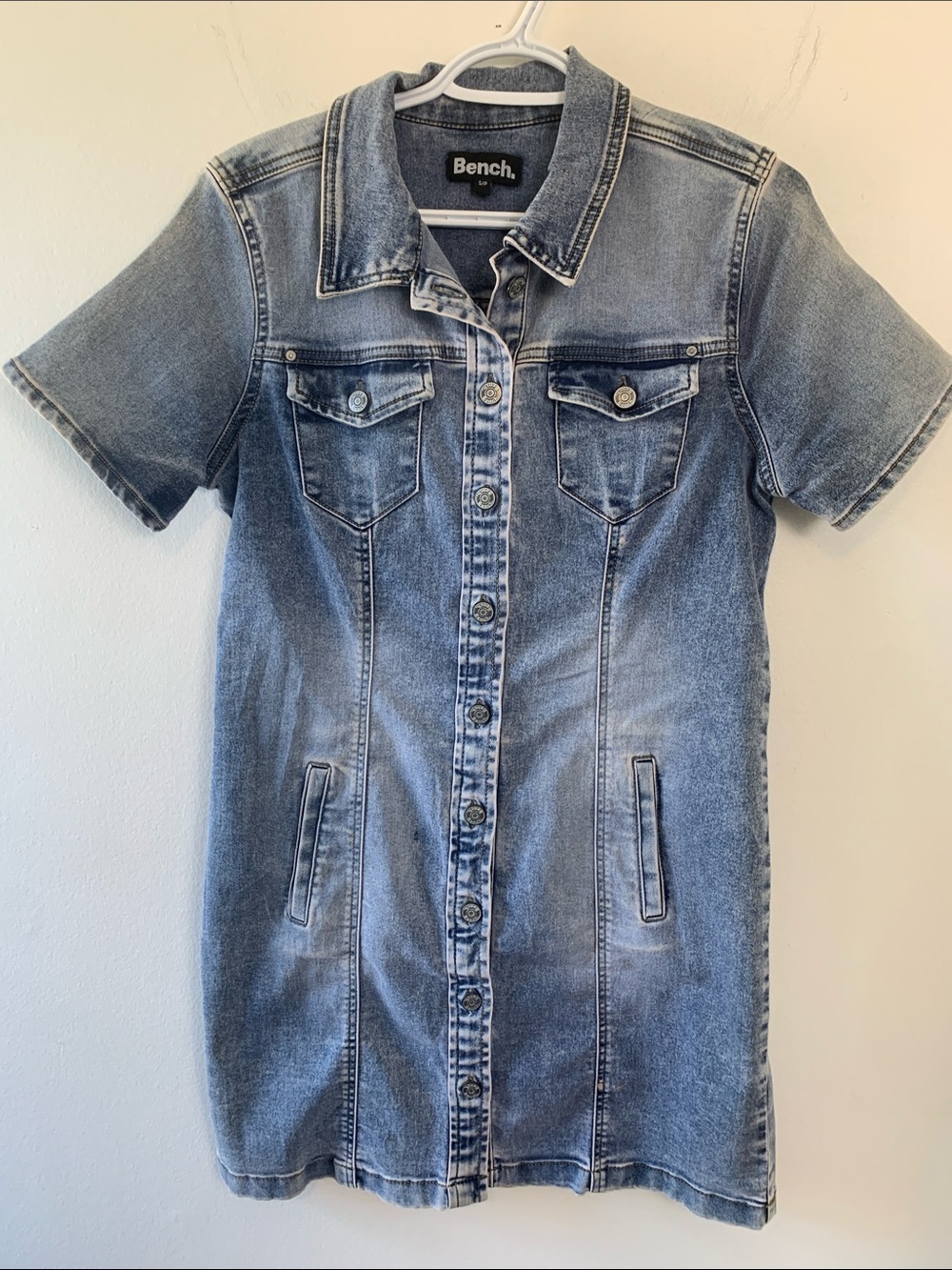 Bench Light Blue Denim Short-Sleeve Button-Up Mini Dress Stretch Pockets - Picture 3 of 14